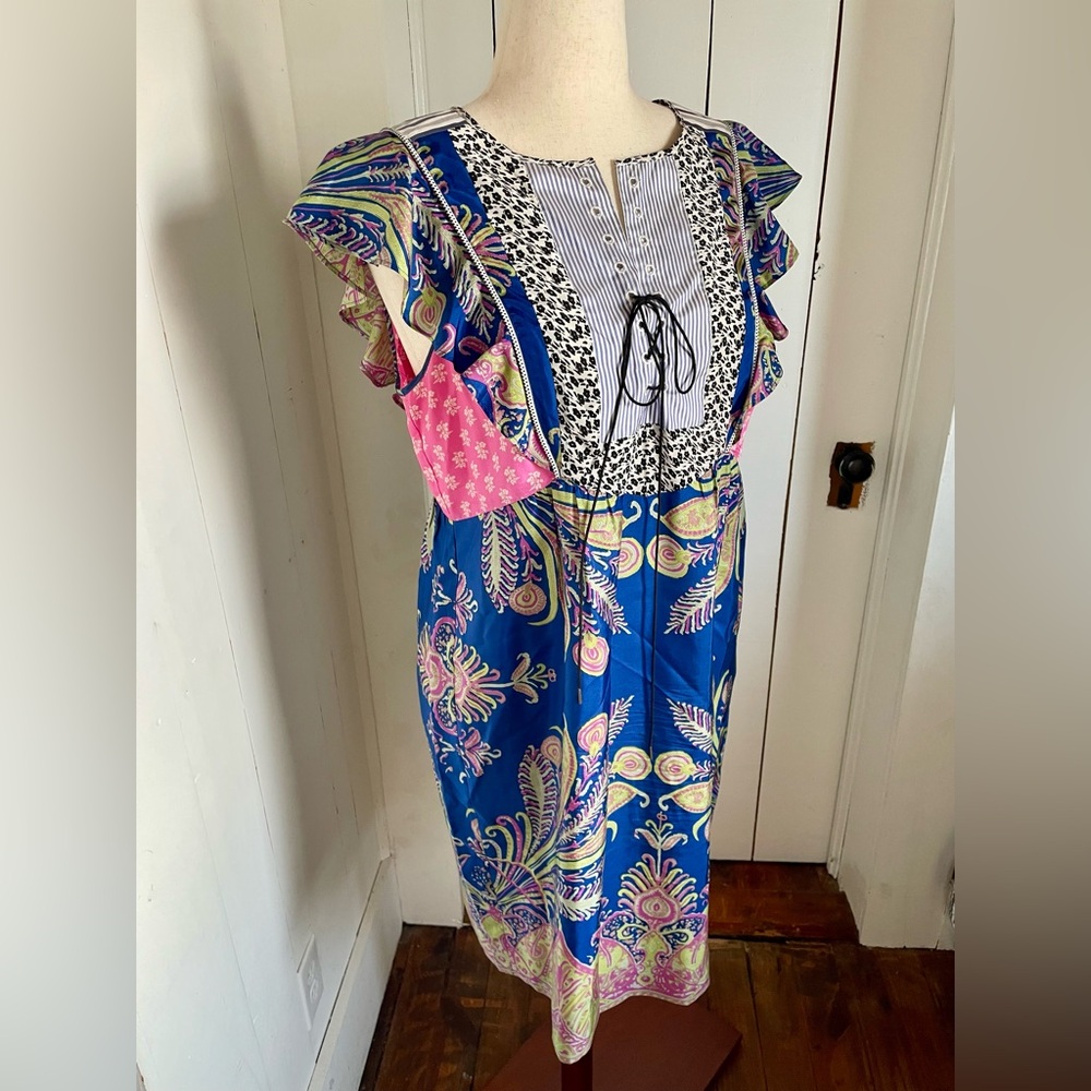 J. Crew Blue and Pink Patterned Midi Dress